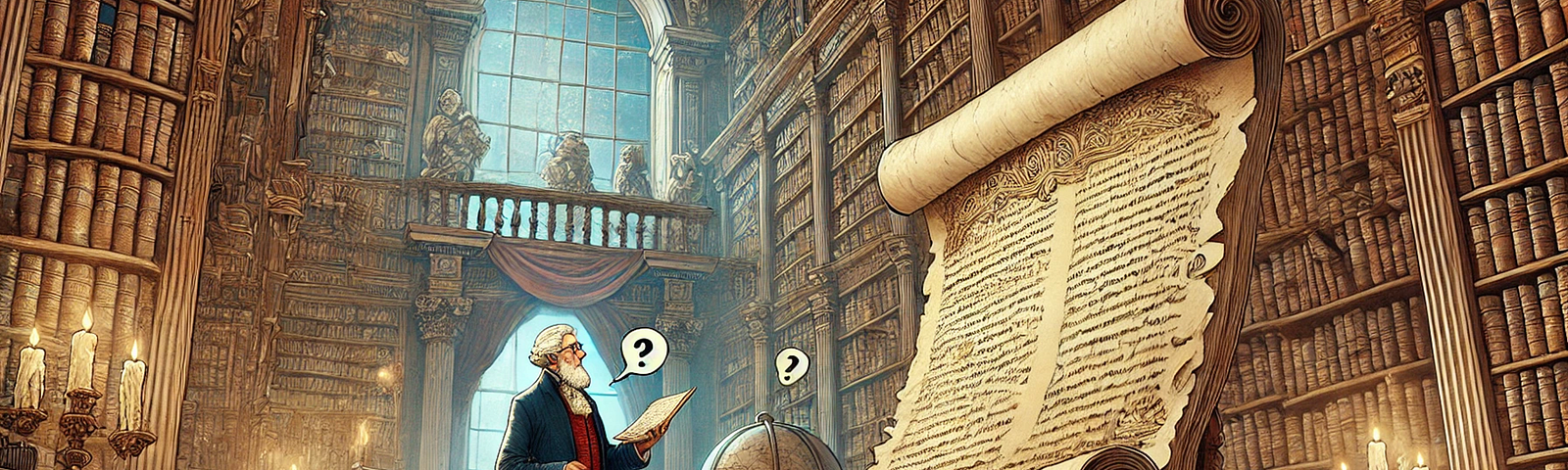 A detailed illustration of an old, grand library with high shelves filled with ancient books. In the center, a distinguished elderly gentleman stands puzzled by an open, glowing manuscript on a reading stand, from which faint, comic speech bubbles emerge, suggesting it’s gossiping. The library is richly decorated with vintage furniture and dim, atmospheric lighting, evoking a sense of mystique and humor.