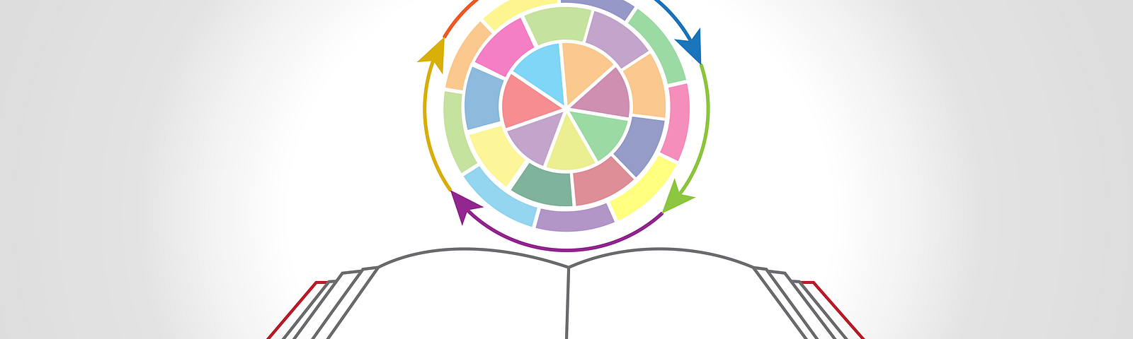 Illustration of an open book. A circle of interconnected arrows hovers above the book, encompassing different shapes and colors.