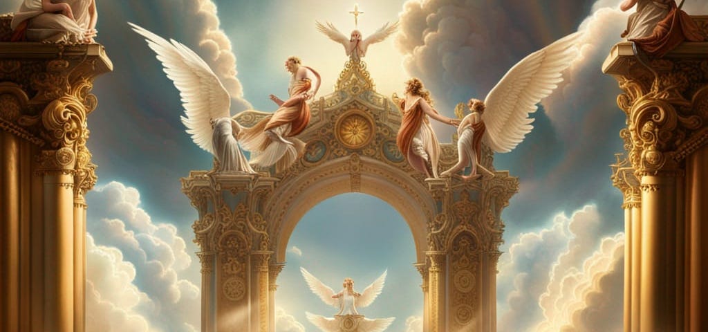 Ateo frente a Dios y de pie sobre las nubes. Hay montones de querubines y un par de puertas doradas gigantes. Estilo renacentista.