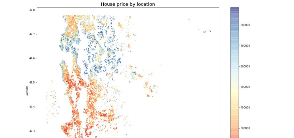 Map with colored points representing houses of various prices.