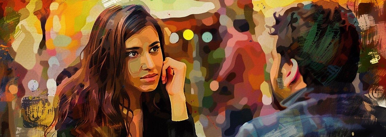 Painting of Allie at an outdoor cafe table, looking towards Dario across the table as she listens intently.