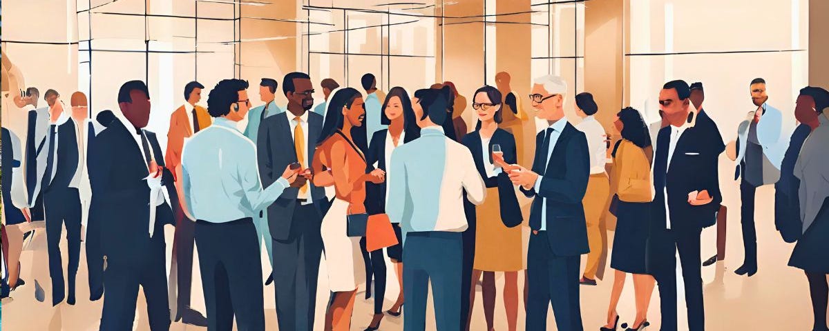 Generated painting of people networking at a business function.