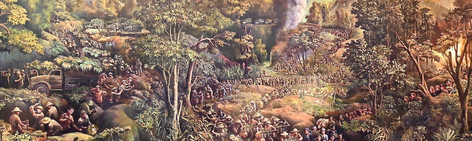 Painting of Vietnamese people carrying weapons over the mountains to Dien Bien Phu.