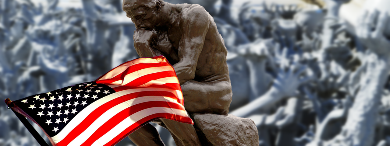 The famous “Thinker” sculpture with an American flag waving and what appears to be zombie hands in the background.