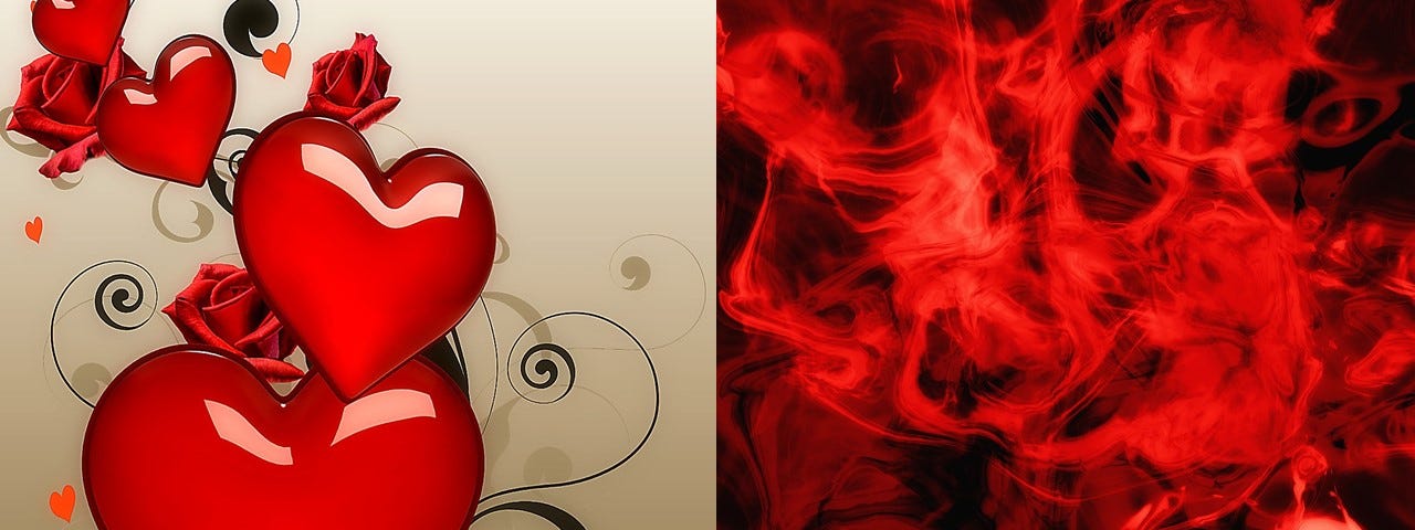 A red-themed image with stylised hearts and roses on the left and a close-up of flames on the right.