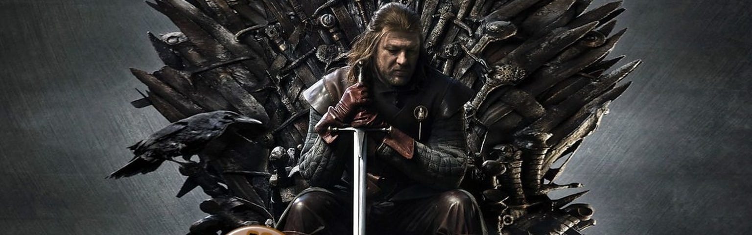 Ned Stark sitting on the Iron Trhrone. (Game of Thrones TV Series) — Added text: “Will Bitcoin Be Dethroned?”.