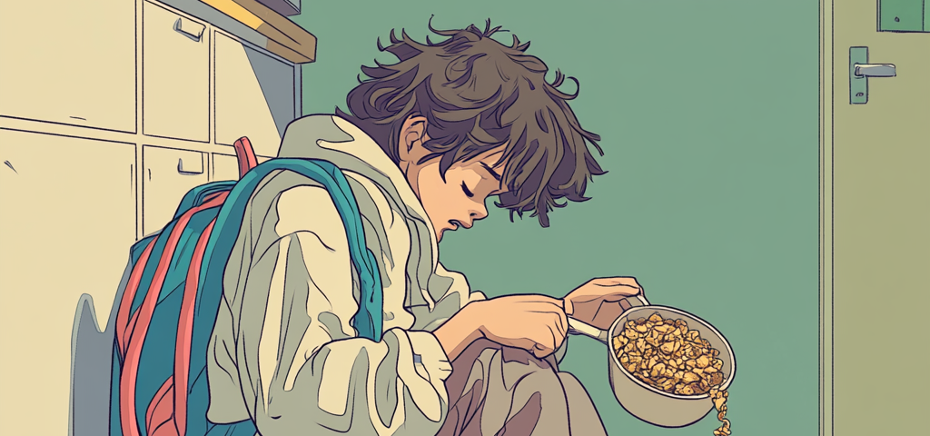 Sleepy teenager pouring cereal into shoe, illustrating effects of early school start times on student alertness and cognitive function. Messy-haired boy with backpack sitting on classroom floor, spilling breakfast due to exhaustion.