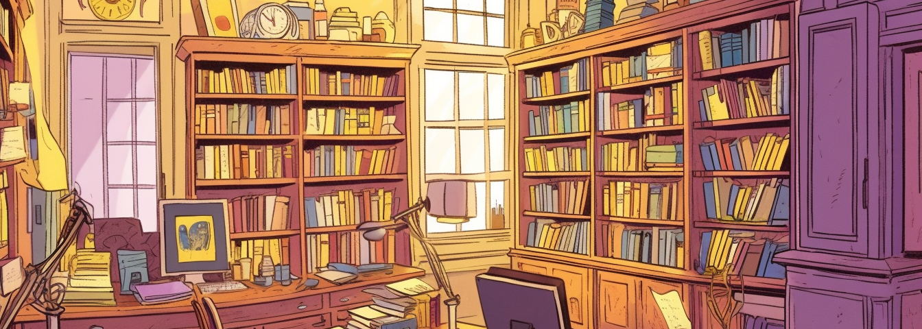 An illustration in yellow and purple of a professor’s office in a university with lots of books on the shelves. There are stacks of journals on the desk and mugs with pens and pencils.