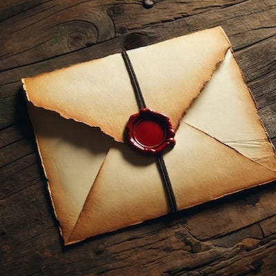 A parchment invitation envelope on a rough wooden table, sealed with red wax.