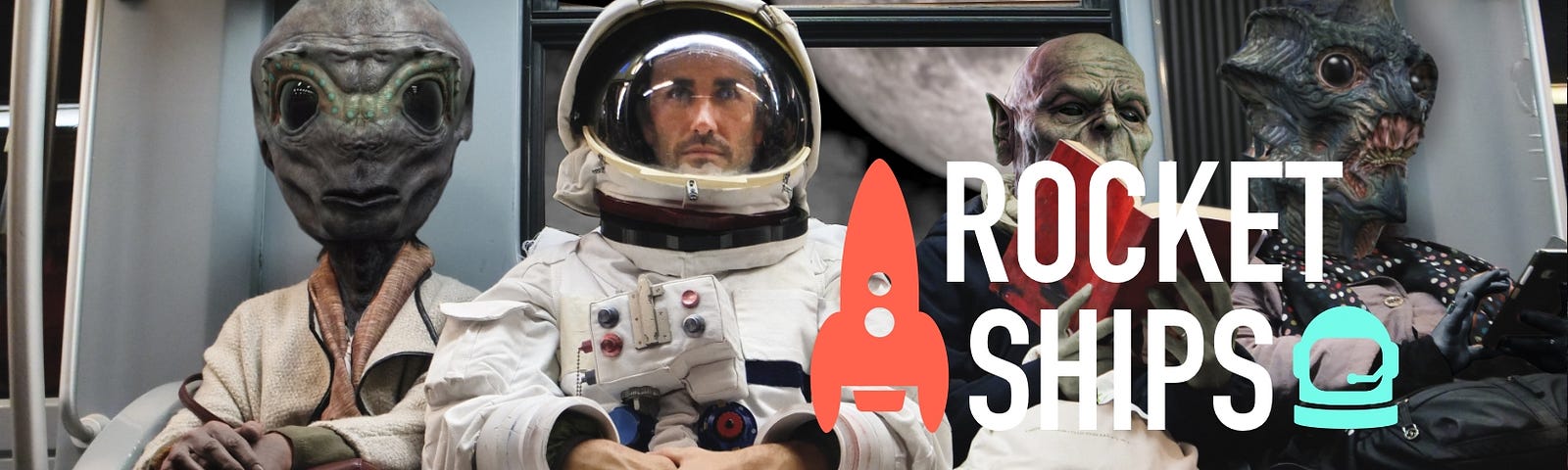 A banner showing a contemplative looking astrnaught in a full suit. He’s sat beside some aliens that all look like belong to different intergalactic species. It feels like a waiting room because one of the aliens is reading a book whilst another uses a tablet device. In the foreground there’s a Rocketships logo