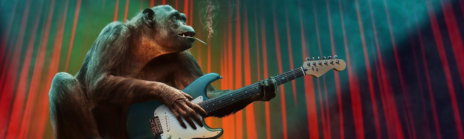 Image: A photo of a monkey on a stool, playing a guitar and smoking.