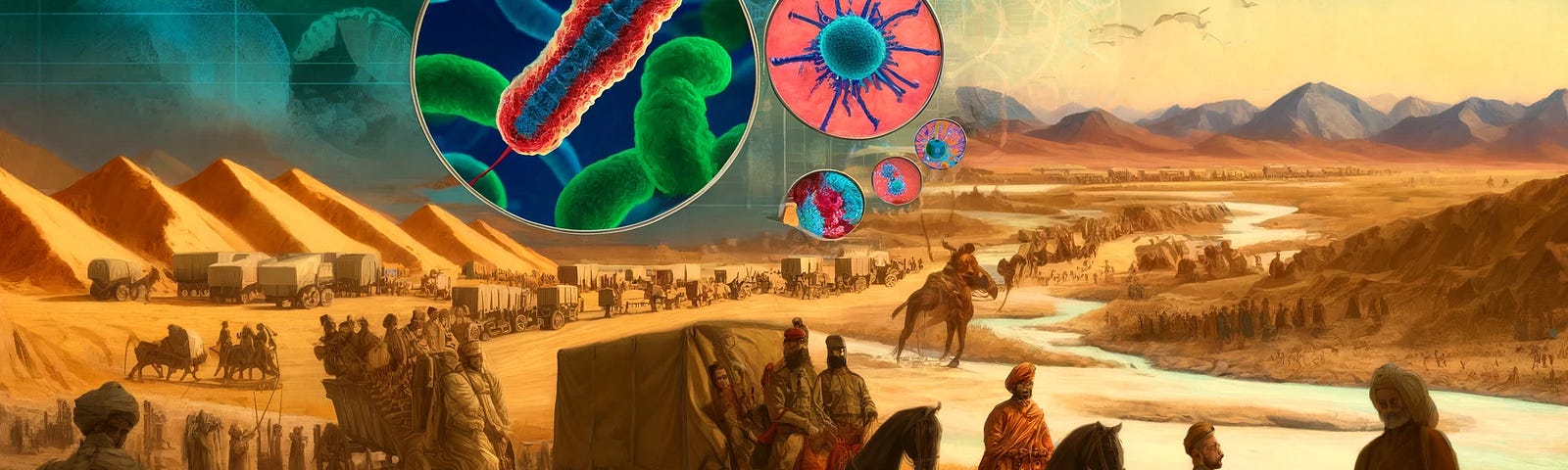 An illustrative image showing the ancient spread of malaria through trade and war. The background features trade caravans crossing desert and mountainous landscapes. In the foreground, historical soldiers from various regions are engaged in battle. Overlaid are magnified images of Plasmodium parasites and strands of ancient DNA. The scene blends warm earthy tones of historical settings with cool blues and greens representing the scientific elements.