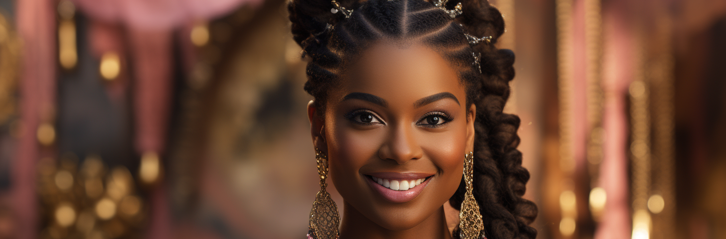 photo-realistic tight zoomed in on the face of a smiling thirty-something-year-old black woman with perfect makeup and big black and gold mess of braids against a blurred background of pale pink wallpaper
