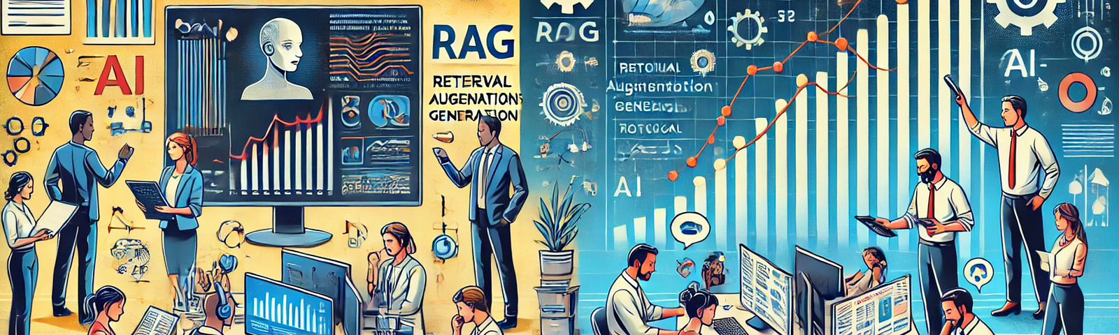 “Illustration showing two contrasting workplace scenes. On the left, a modern workplace where professionals use an AI-powered assistant on their devices for tasks such as checking protocols, torque specifications, and troubleshooting. On the right, a struggling workplace with employees flipping through paper manuals and making phone calls, appearing stressed. In the center top, a graph displays three lines: an exponential growth line for AI technology, a linear growth line for companies adopting