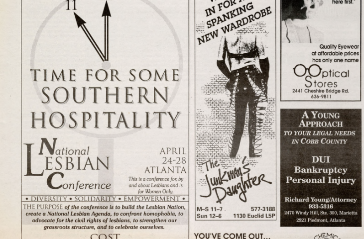 Ad in a newspaper for the National Lesbian Conference, mainly featuring a clock and further information