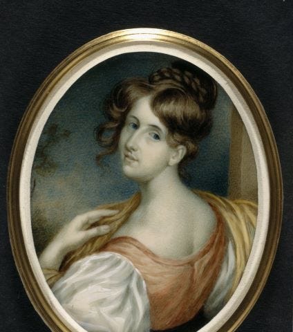 miniature circular portrait of a woman sitting with her back to the artist looking over her shoulder. She wears a dress of peach and white and has long curled brown hair.