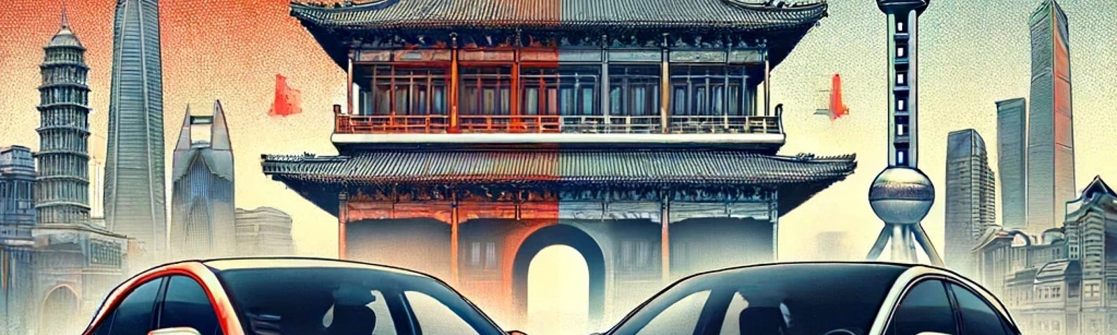 IMAGE: An illustration confronting a Chinese electric vehicle with a European one, highlighting their design and technological features. The background subtly hints at their respective regions with elements from both Chinese and European cityscapes