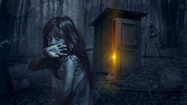 Child, young girl in nightdress, fear, door ajar showing crack of light, dark woods, menacing skeletal figure, night time, misty