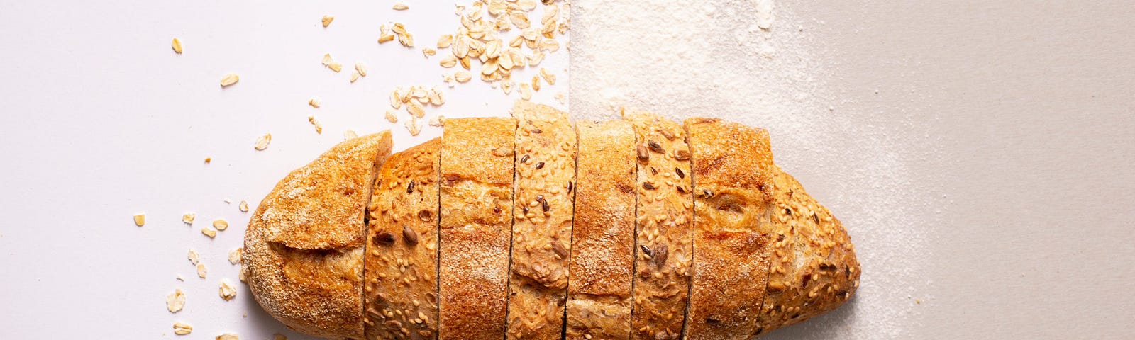 Crusty bread sliced vertically viewed from above