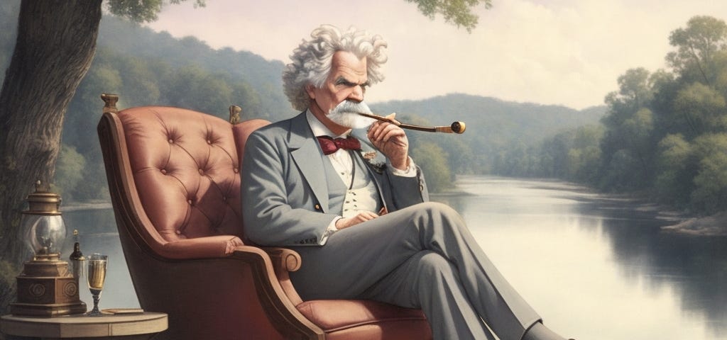 Mark Twain, sitting in a rocking chair, smoking a pipe and looking out over the river.