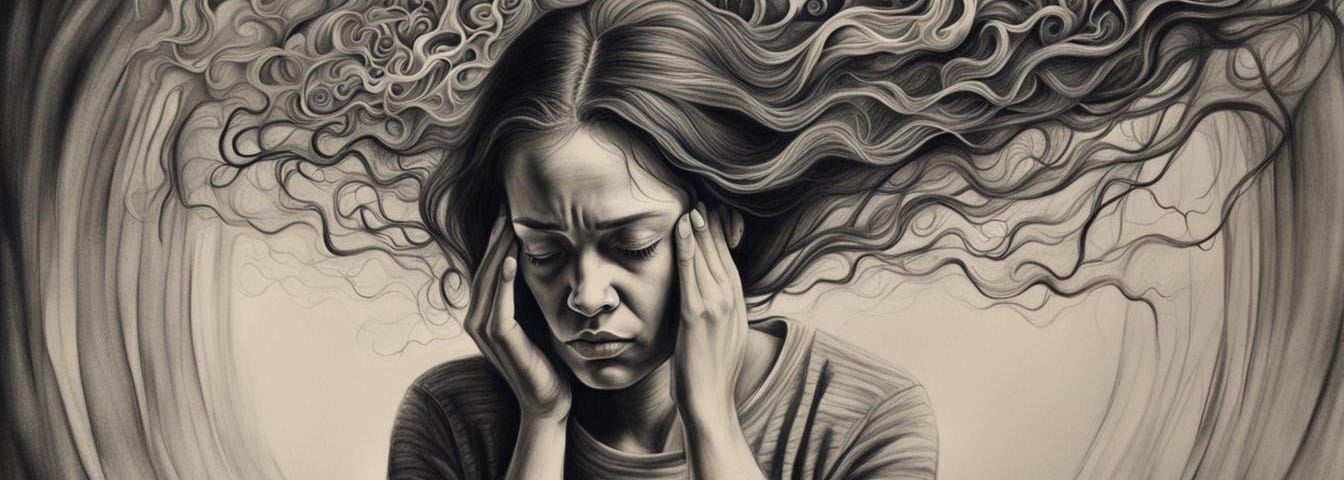 Image is a charcoal drawing created on NightCafe and showing a woman with her hands on her sleeps, her hair flying behind her, a sad expression on her face.
