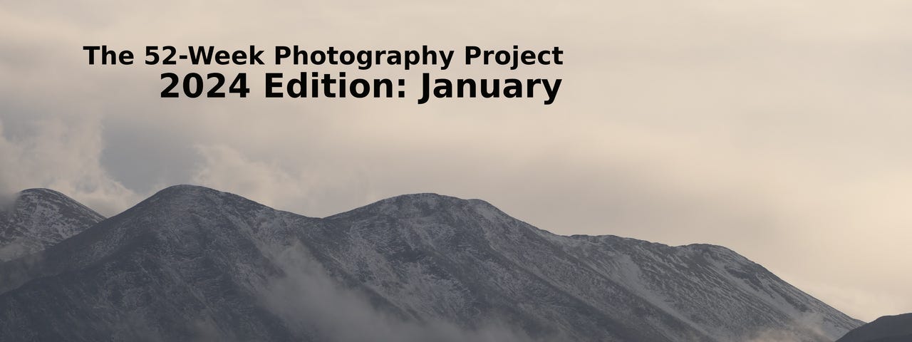 Snow in high peaks and cloudy weather, including the title: The 52-Week January Edition — 2024 Edition: January.