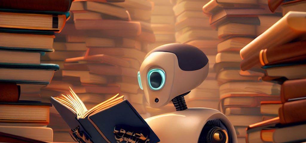 A robot reading a book, seated in a stack of books.