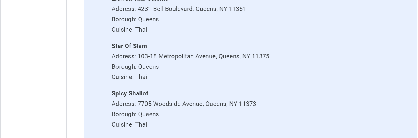 A conversation with our expanded agent querying a different collection (sample_restaurants.restaurants) and system (the Google Maps Places API). The agent correctly retrieves a list of Thai restaurants in Queens, New York, information about the Googleplex and tourist attractions near the Googleplex.