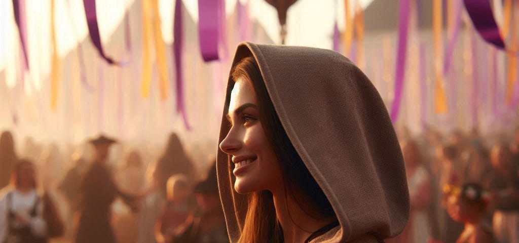 A priestess hiding her identity with a hood standing and smiling at a festival