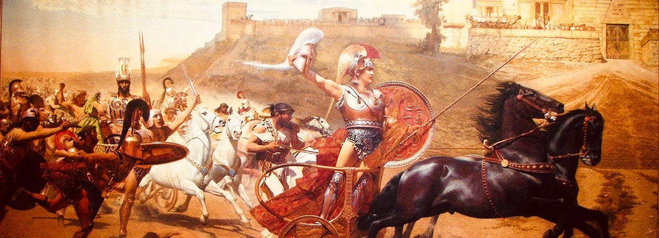 Painting depicting Achilles dragging the body of Hector around the walls of Troy