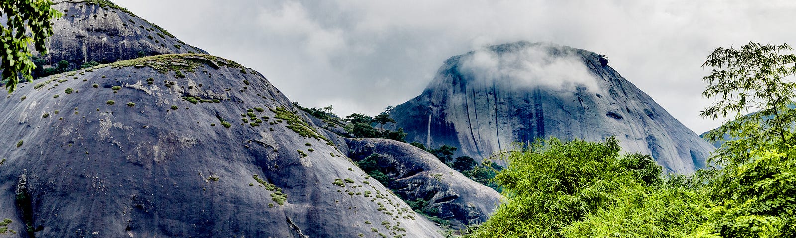 The stony natural landscape of Idanre Hill (outside Lagos, Nigeria) on a cloudy day.