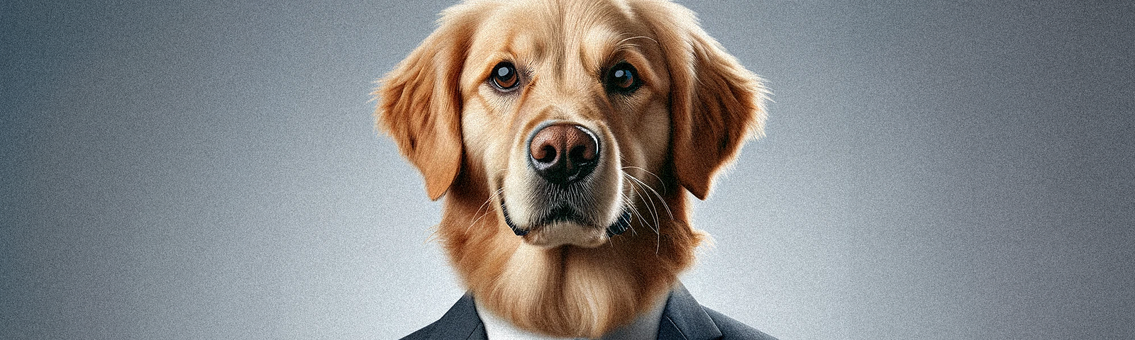 Business headshot of a dog in a suit