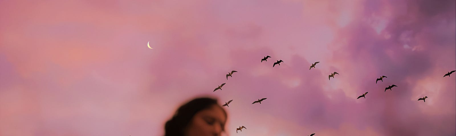 an out of focus woman in black standing beneath a moody pink sky with a crescent moon and dozens of black birds flying above.