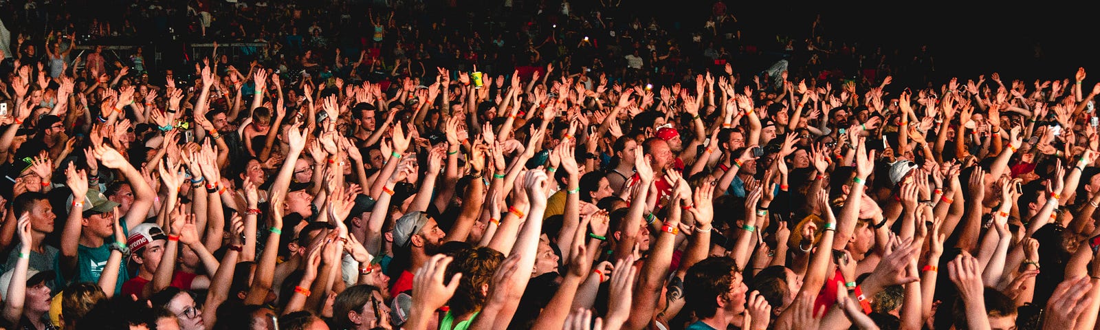 Crowd of people raising their hands