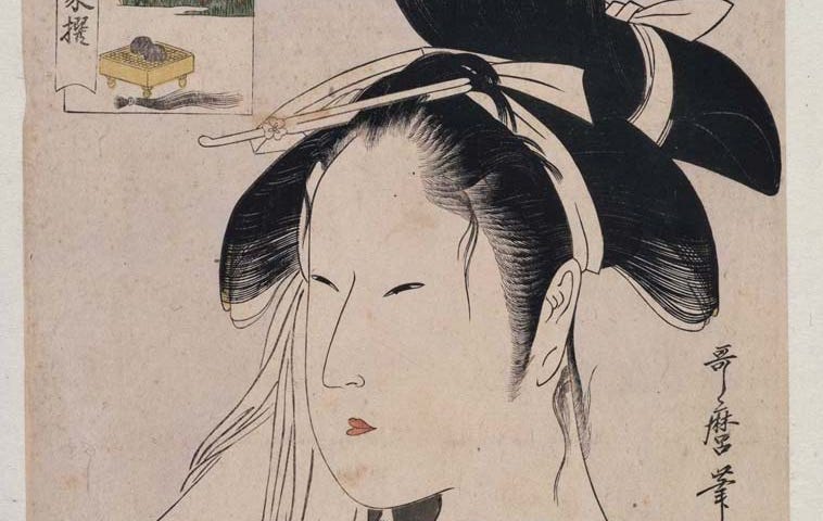 Komei Bigin Rokkasen, Six Selected Famous Beauties: The Window of Asahiya. 1795. Created by Katagawa Utamaro. 15" x 10.5"