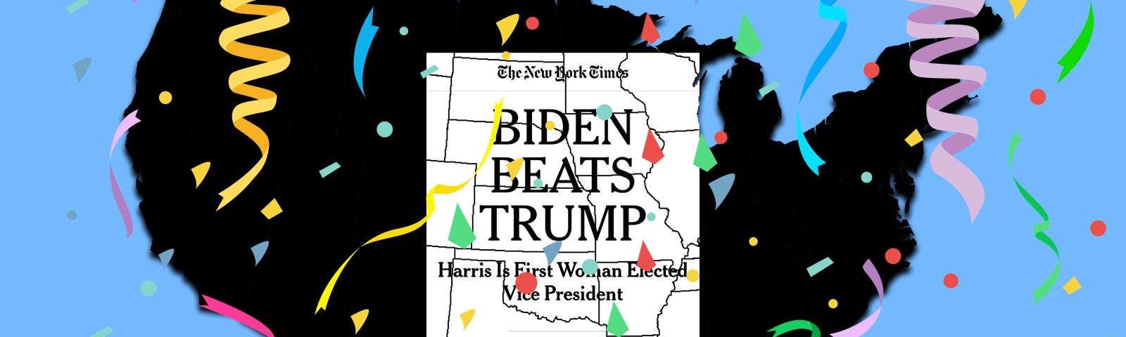 A silhouette of the United States with the New York Times headline, “Biden Beats Trump” on top. Confetti surrounds it.