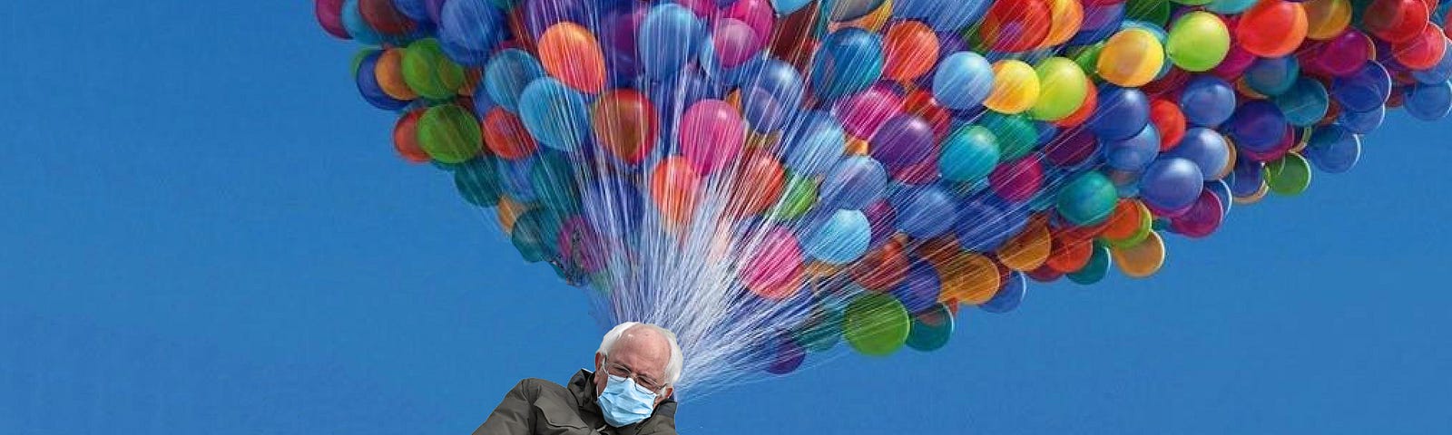Bernie Sanders sits in his mittens and face mask meme image, being carried away by millions of balloons from the movie “Up”.