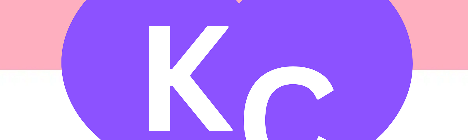 A trans flag of pale blue, pale pink, and white stripes overlayed with a purple heart with the letters “KC” on it.