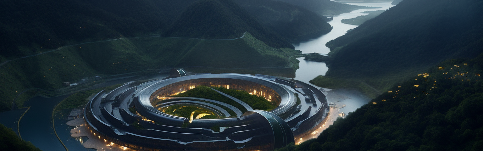Midjourney generated image of a closed-loop pumped hydro storage facility in beautiful hills in China