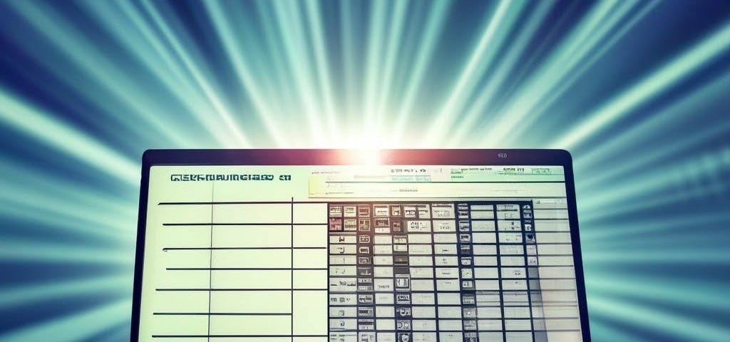A photo image which has a laptop with a spreadsheet application which appears to have rays of light