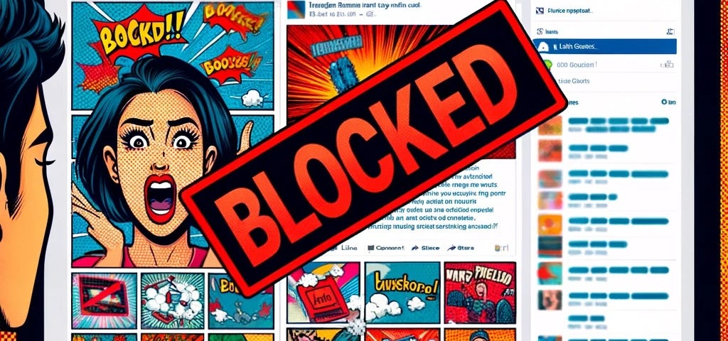 IMAGE: A comic-style illustration of a Facebook user’s feed with one update being blocked