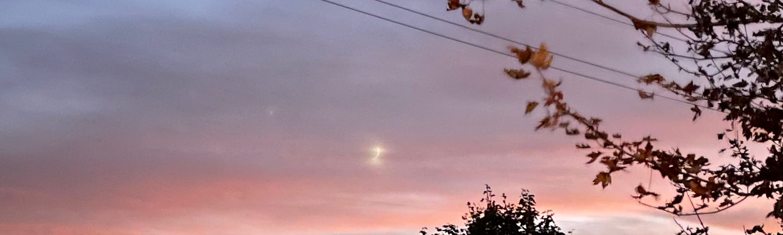 Photo of the evening sky just before dusk. The moon is peaking out and the sky is blue and pink.