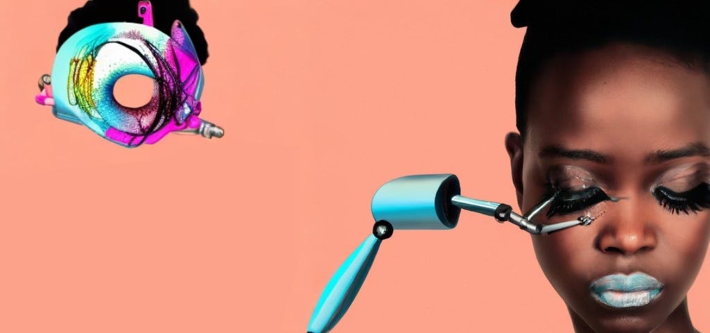 A robot arm puts a lash extension on a beautiful Black girl