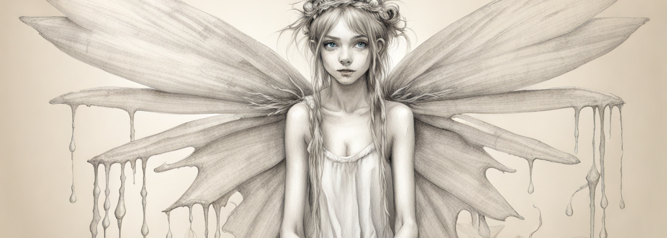 sketch-like image of a fairy with long, thin limbs and misshapen dripping wings, like she has been dunked in milk. A woven straw crown is situated on her head.