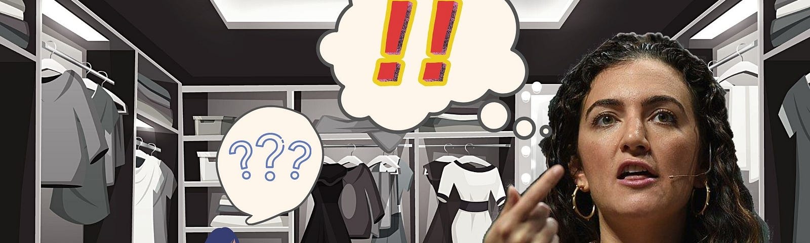 Illustration of woman kneeling in her closet with question marks over her head, accompanied by photo of Jennifer Hyman with exclamation marks in her thought bubble.