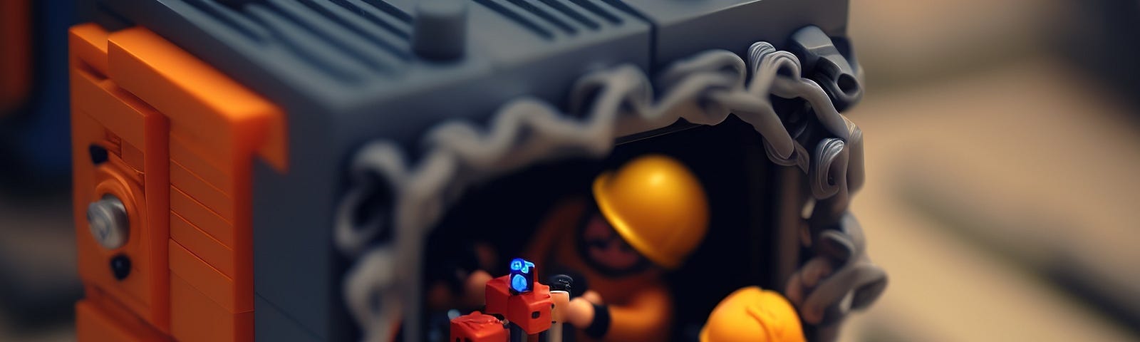 Immagine decorativa con omini stile Lego che collaborano per la messa a punto di processori