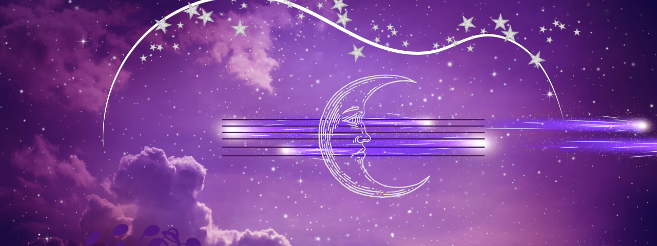 Purple sky with music notes in clouds Guitar outline with moon and stars