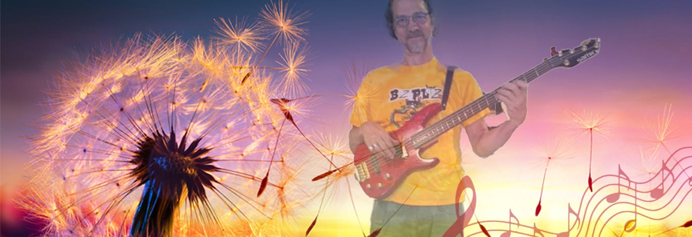 Dandelion wishes dancing as notes in front of an image of Mike playing bass in a sunset.