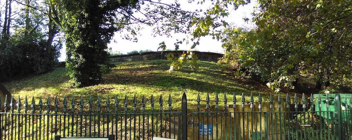 A view of the south-west corner of Claremont Square reservoir. A grassy mound and several mature trees can be seen rising behind cast-iron railings.