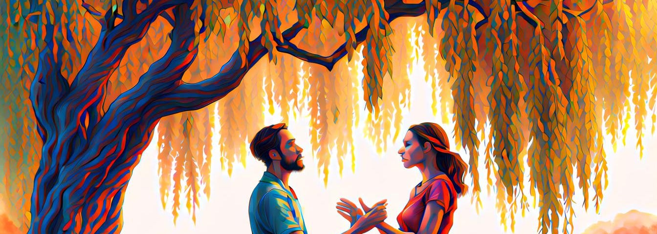 Two lovers standing beneath a tree, communicating in sign language